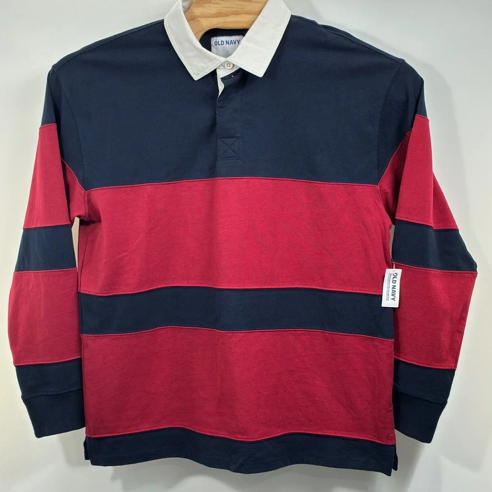 NWT Old Navy Rugby Shirt Mens L Navy Red Stripe Long Sleeve Cotton Preppy